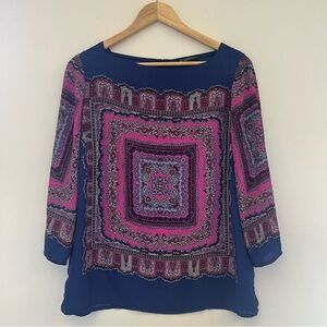 Adrianna Papell medium Blue Pink Graphic Sheer Blouse Top Square Neck 3/4 sleeve